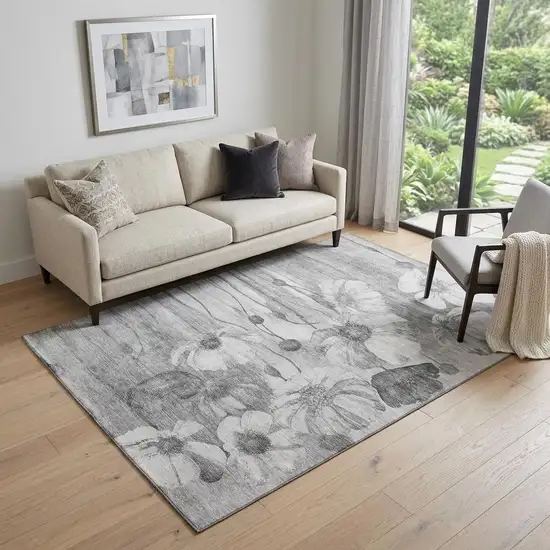 Gray And Silver Floral Washable Area Rug With UV Protection Photo 1
