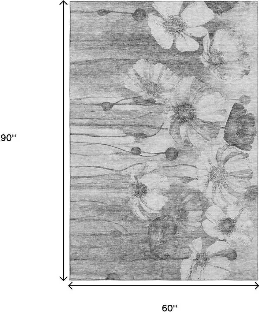 Gray And Silver Floral Washable Area Rug With UV Protection Photo 3