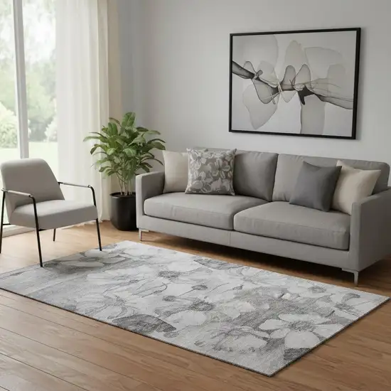 Gray And Silver Floral Washable Area Rug With UV Protection Photo 1