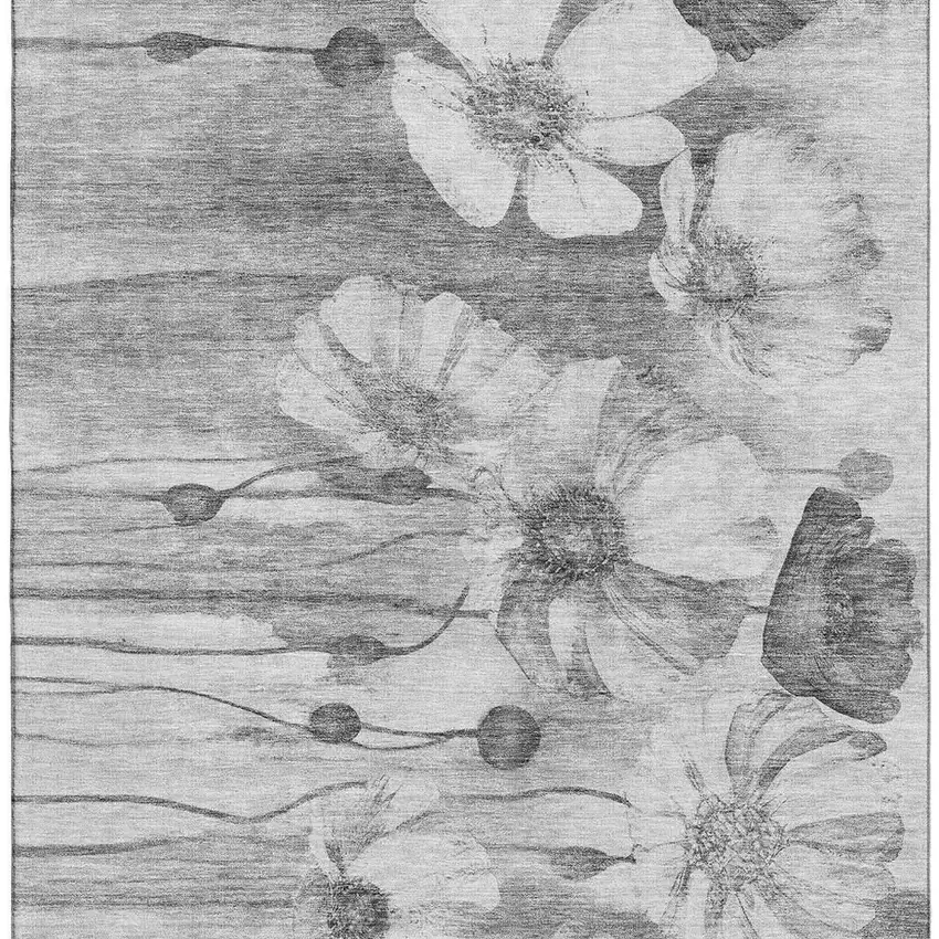 Gray And Silver Floral Washable Area Rug With UV Protection Photo 5