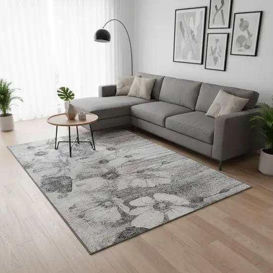 Gray And Silver Floral Washable Area Rug With UV Protection Photo 1