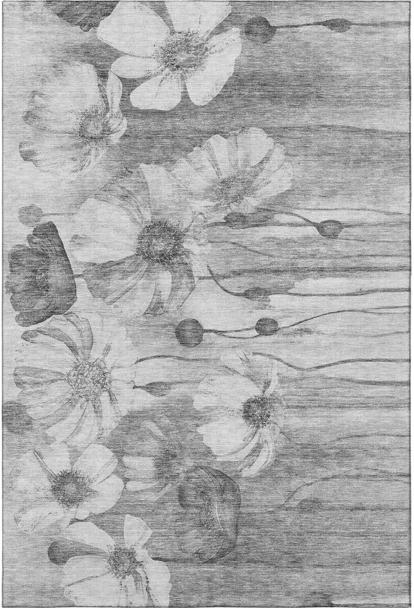 Gray And Silver Floral Washable Area Rug With UV Protection Photo 4