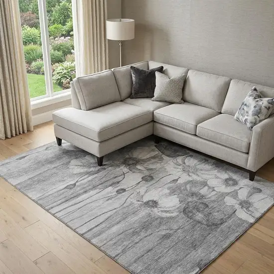 Gray And Silver Floral Washable Area Rug With UV Protection Photo 1