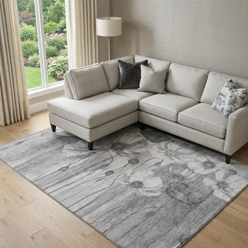 Gray And Silver Floral Washable Area Rug With UV Protection Photo 1