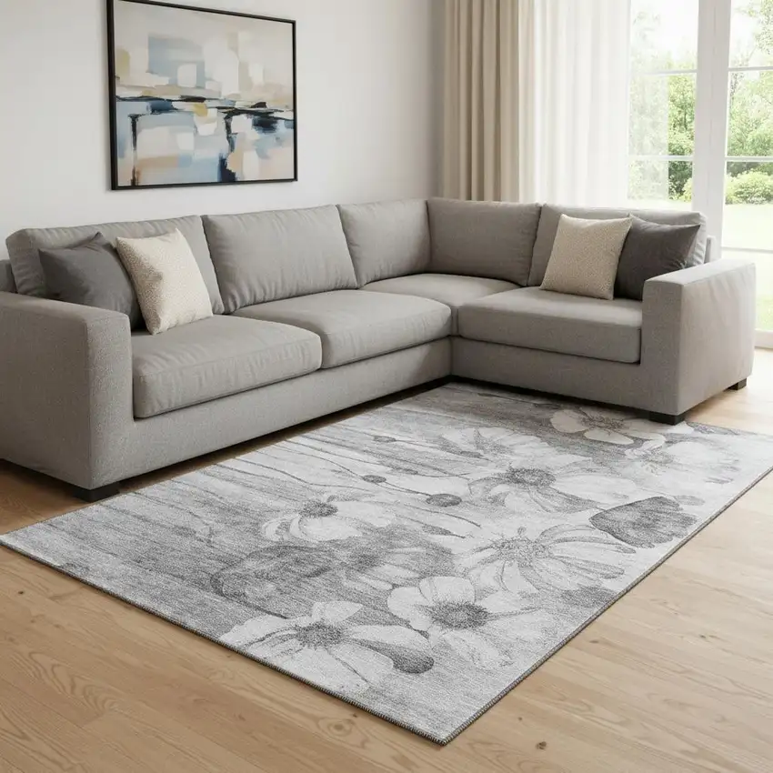 Gray And Silver Floral Washable Area Rug With UV Protection Photo 1