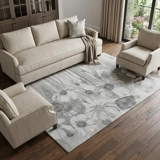 Gray And Silver Floral Washable Area Rug With UV Protection Photo 1