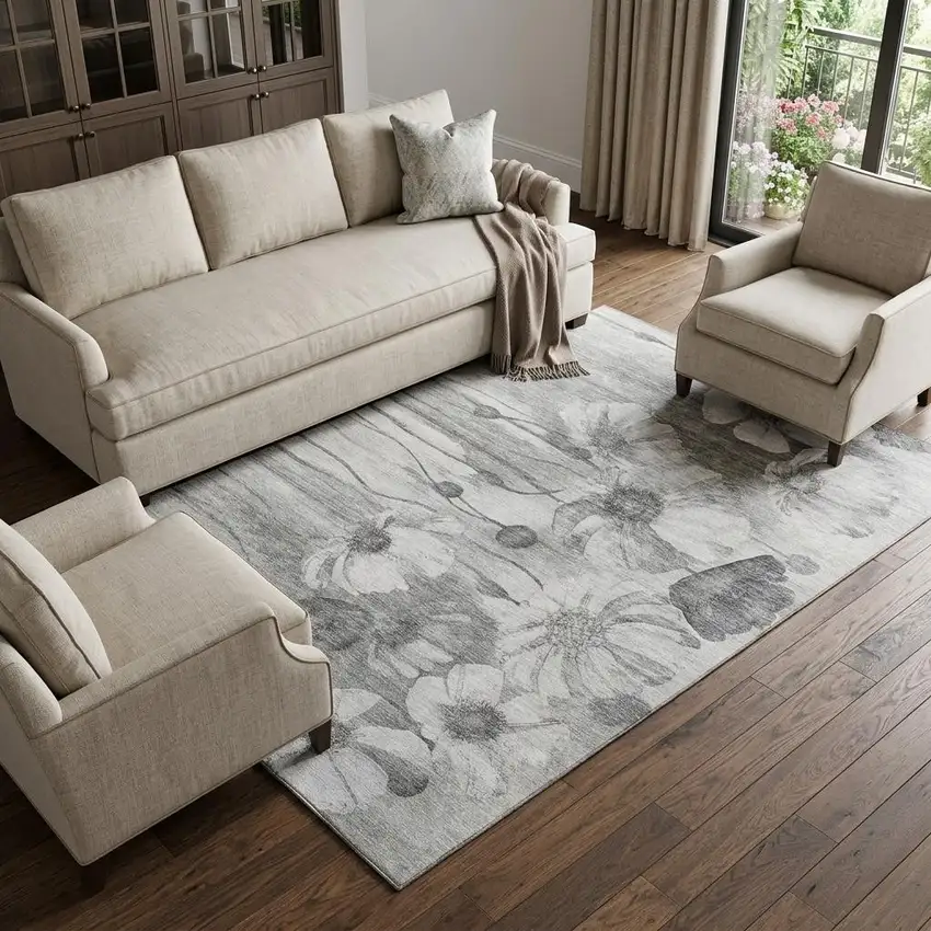 Gray And Silver Floral Washable Area Rug With UV Protection Photo 1