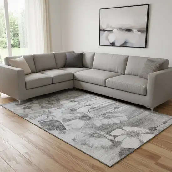 Gray And Silver Floral Washable Area Rug With UV Protection Photo 1