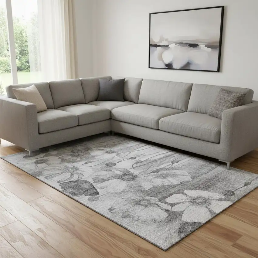 Gray And Silver Floral Washable Area Rug With UV Protection Photo 1