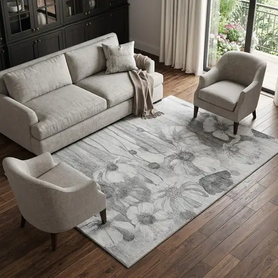 Gray And Silver Floral Washable Area Rug With UV Protection Photo 1