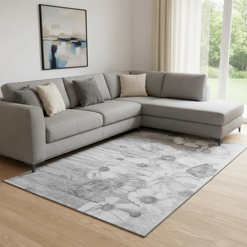 Gray And Silver Floral Washable Area Rug With UV Protection Photo 1