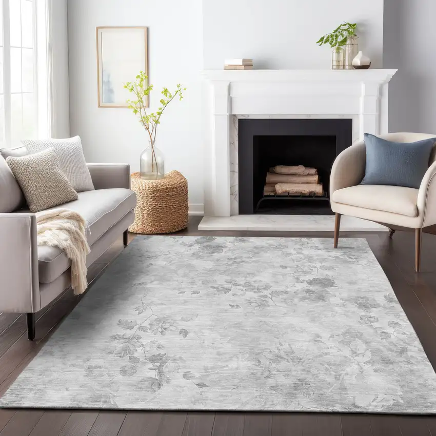 Gray And Silver Floral Washable Area Rug With UV Protection Photo 4