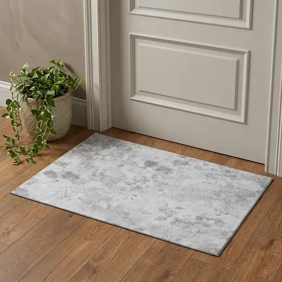 Gray And Silver Floral Washable Area Rug With UV Protection Photo 1