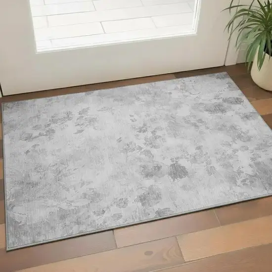 Gray And Silver Floral Washable Area Rug With UV Protection Photo 1