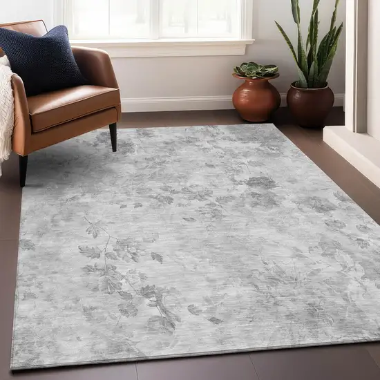 Gray And Silver Floral Washable Area Rug With UV Protection Photo 4