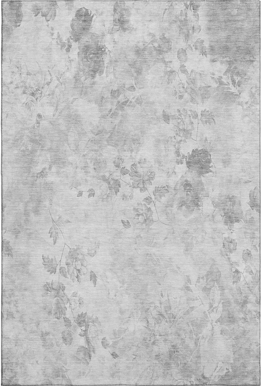 Gray And Silver Floral Washable Area Rug With UV Protection Photo 2