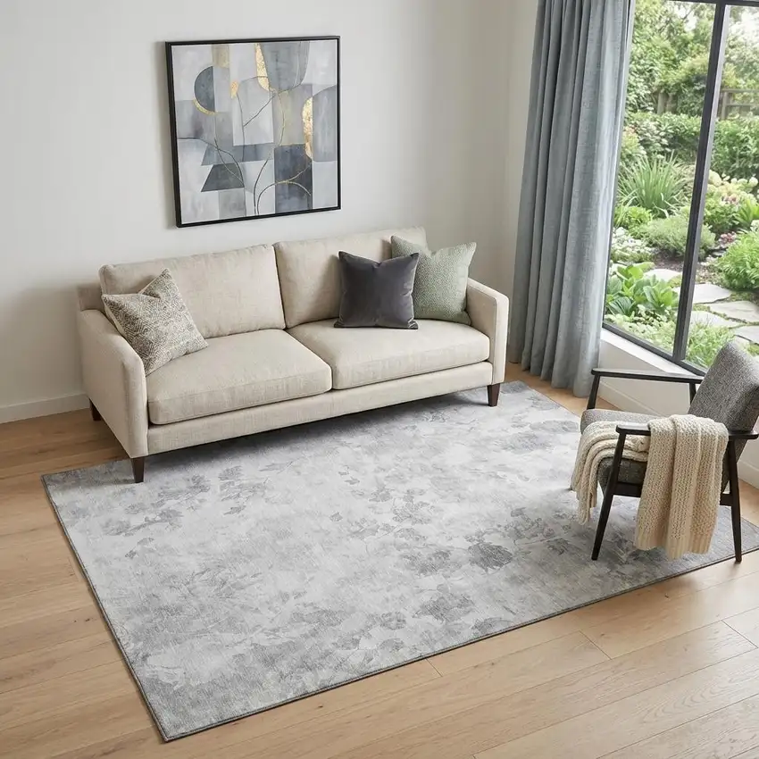 Gray And Silver Floral Washable Area Rug With UV Protection Photo 1