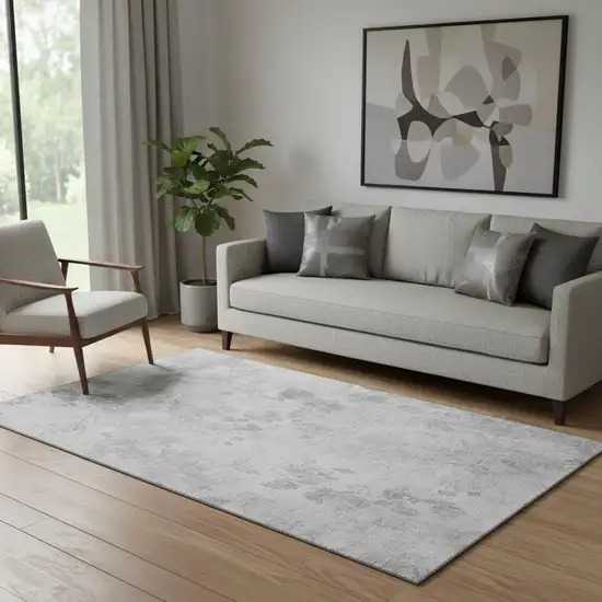 Gray And Silver Floral Washable Area Rug With UV Protection Photo 1