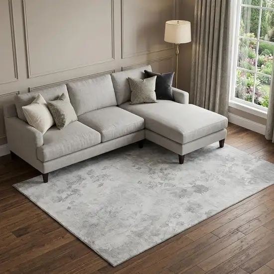 Gray And Silver Floral Washable Area Rug With UV Protection Photo 1
