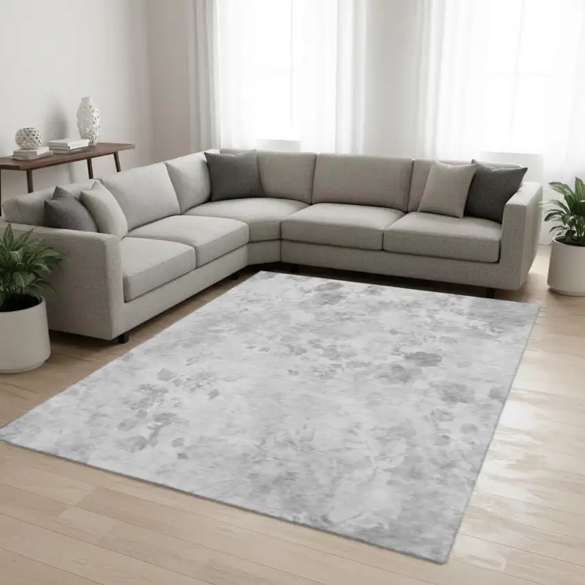 Gray And Silver Floral Washable Area Rug With UV Protection Photo 1