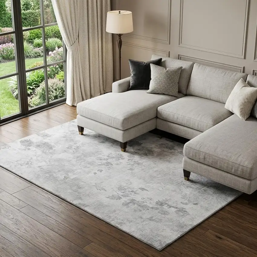 Gray And Silver Floral Washable Area Rug With UV Protection Photo 1