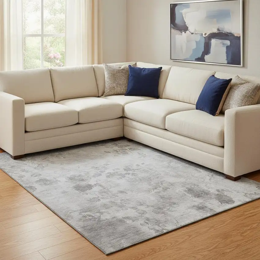 Gray And Silver Floral Washable Area Rug With UV Protection Photo 1