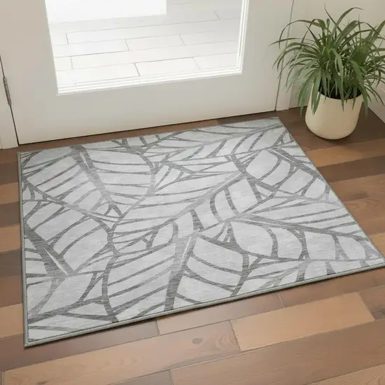 Gray And Silver Floral Washable Area Rug With UV Protection Photo 2