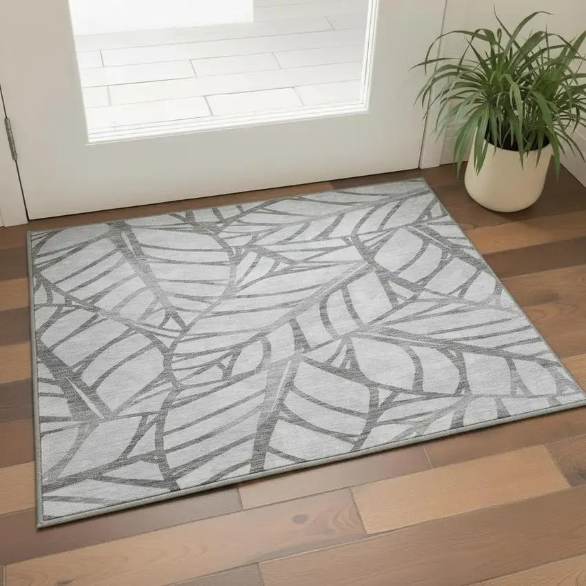 Gray And Silver Floral Washable Area Rug With UV Protection Photo 2