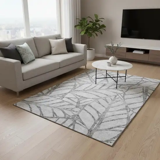 Gray And Silver Floral Washable Area Rug With UV Protection Photo 2