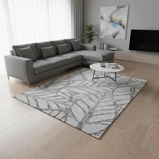 Gray And Silver Floral Washable Area Rug With UV Protection Photo 2