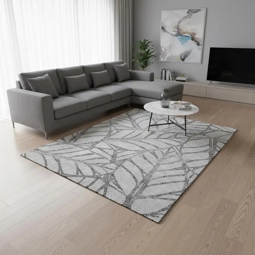 Gray And Silver Floral Washable Area Rug With UV Protection Photo 2