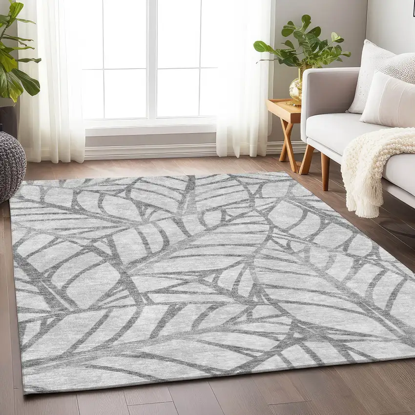 Gray And Silver Floral Washable Area Rug With UV Protection Photo 5