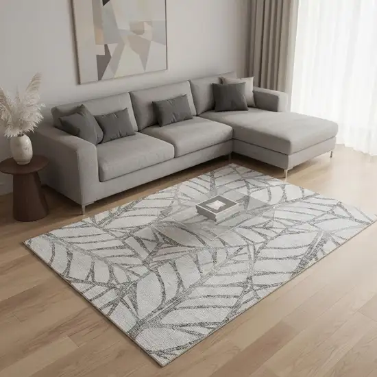 Gray And Silver Floral Washable Area Rug With UV Protection Photo 2