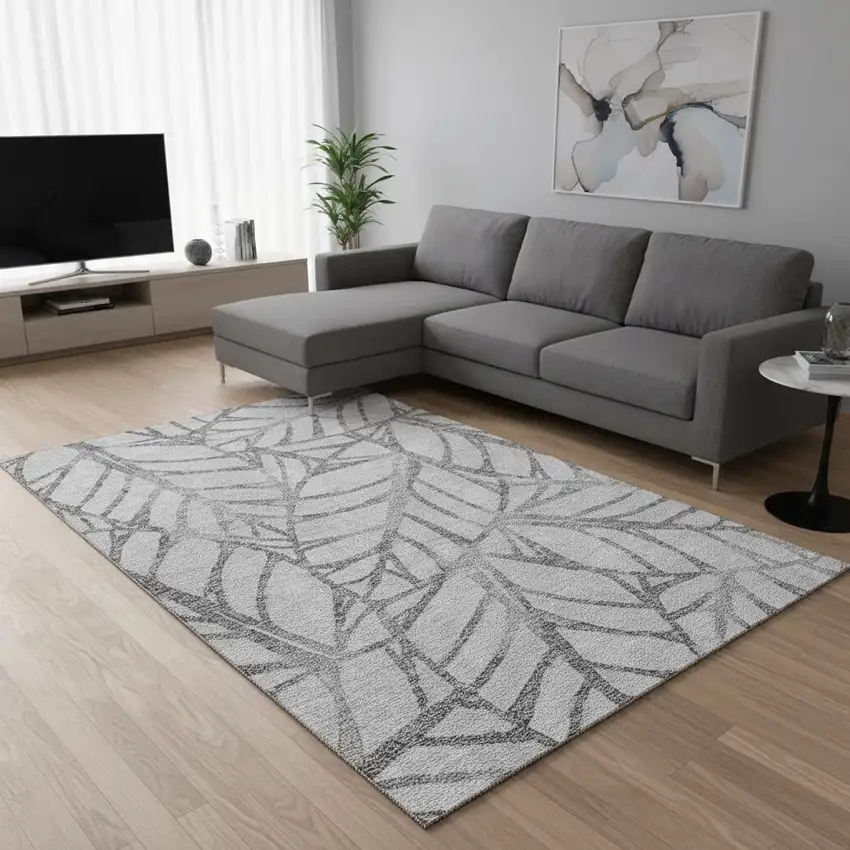 Gray And Silver Floral Washable Area Rug With UV Protection Photo 2