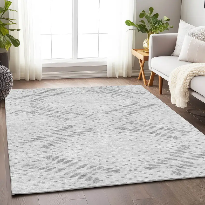 Gray And Silver Floral Washable Area Rug With UV Protection Photo 6
