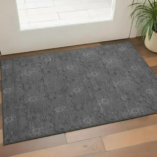 Gray And Silver Floral Washable Area Rug With UV Protection Photo 1