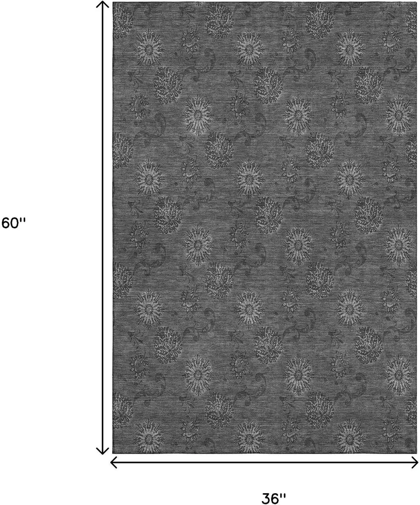Gray And Silver Floral Washable Area Rug With UV Protection Photo 3