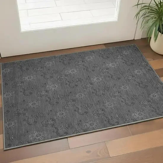 Gray And Silver Floral Washable Area Rug With UV Protection Photo 2