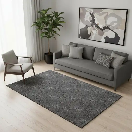 Gray And Silver Floral Washable Area Rug With UV Protection Photo 1