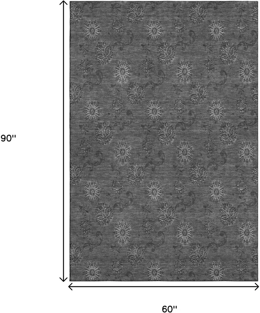 Gray And Silver Floral Washable Area Rug With UV Protection Photo 3
