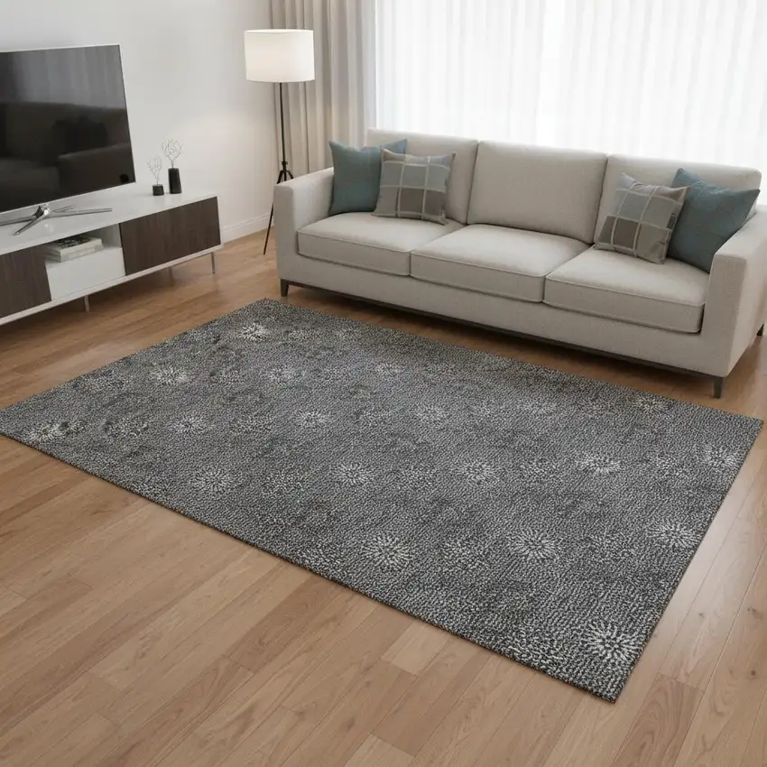 Gray And Silver Floral Washable Area Rug With UV Protection Photo 2