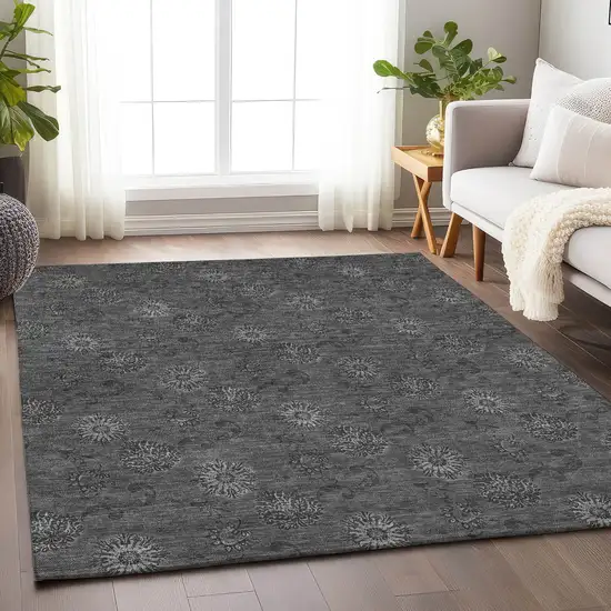 Gray And Silver Floral Washable Area Rug With UV Protection Photo 6