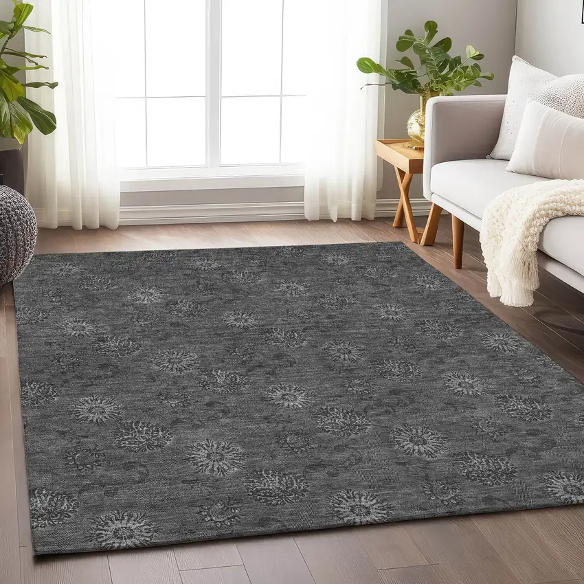 Gray And Silver Floral Washable Area Rug With UV Protection Photo 6