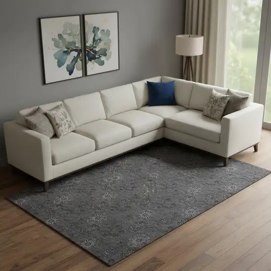 Gray And Silver Floral Washable Area Rug With UV Protection Photo 1