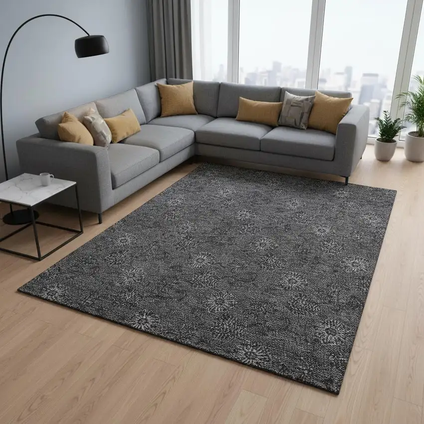 Gray And Silver Floral Washable Area Rug With UV Protection Photo 2