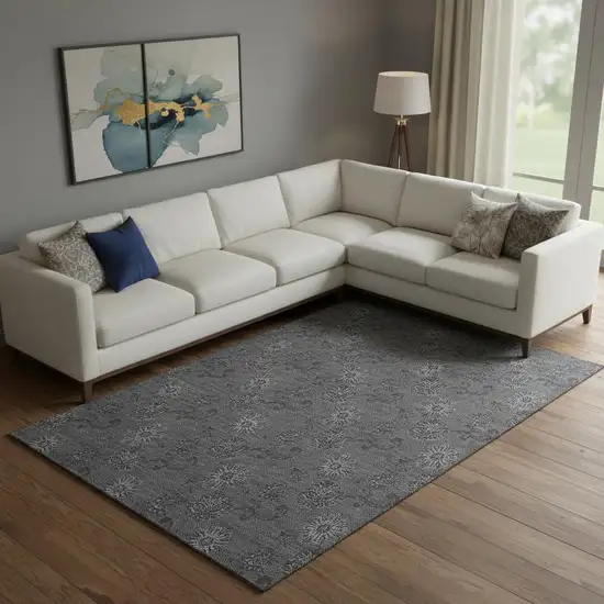 Gray And Silver Floral Washable Area Rug With UV Protection Photo 1