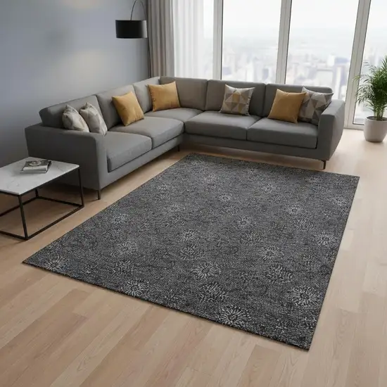 Gray And Silver Floral Washable Area Rug With UV Protection Photo 2
