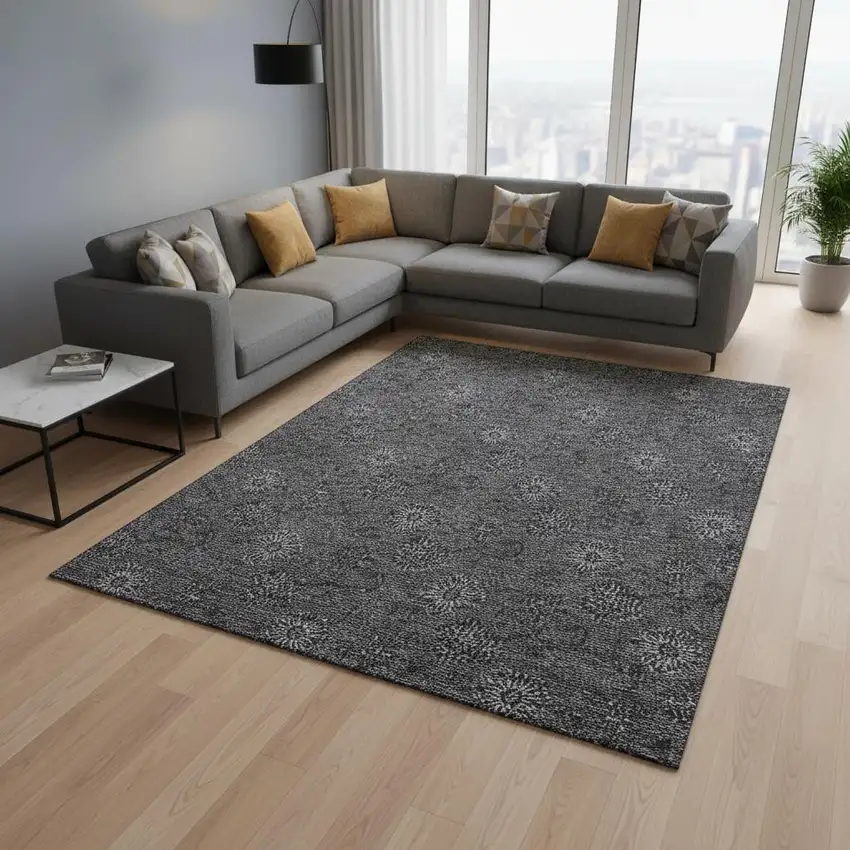 Gray And Silver Floral Washable Area Rug With UV Protection Photo 2