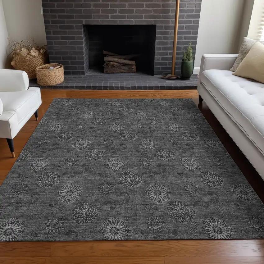 Gray And Silver Floral Washable Area Rug With UV Protection Photo 4