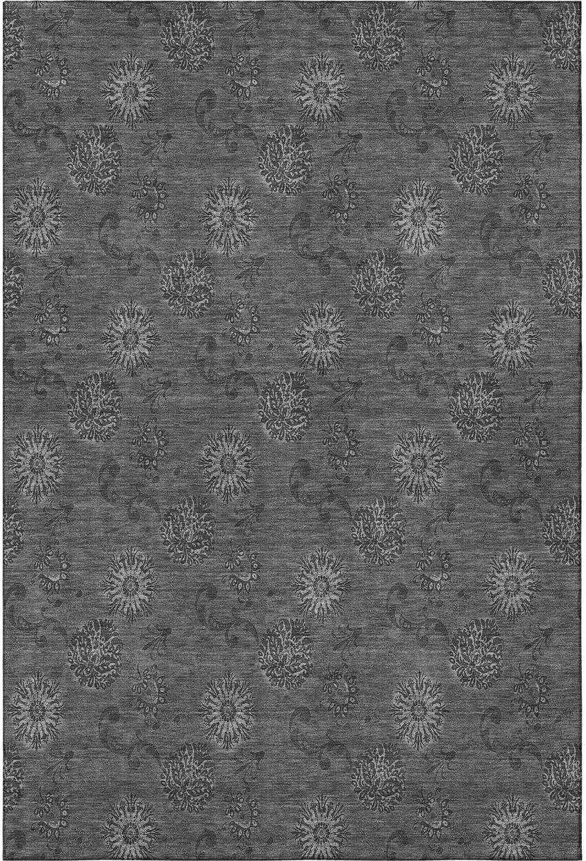 Gray And Silver Floral Washable Area Rug With UV Protection Photo 3